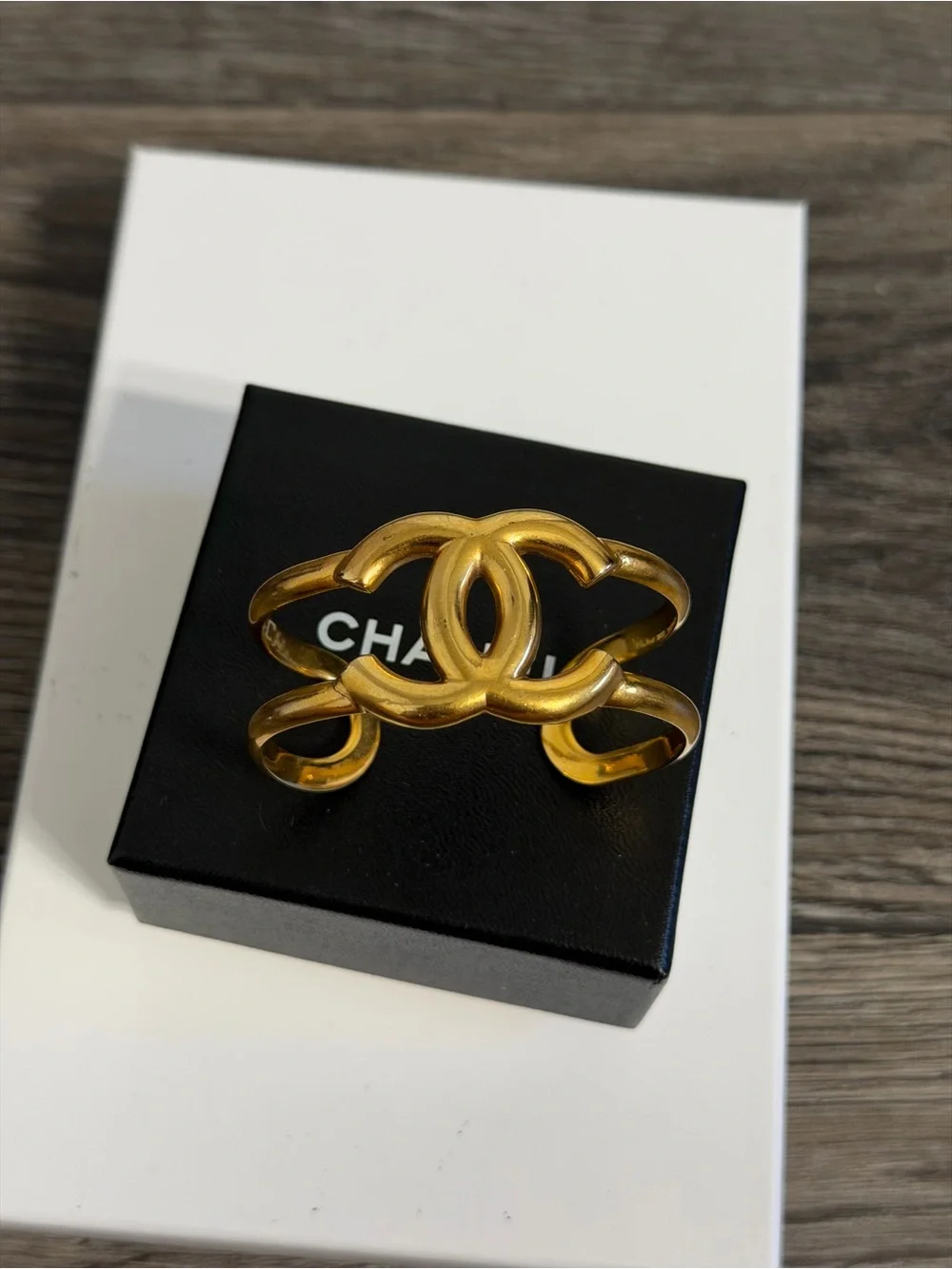 CHANEL Vintage Gold CC Logo Cuff Bracelet